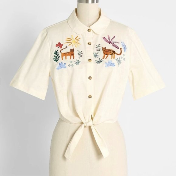 NWT Modcloth Safari Sun Chasers blouse w/ embroiderd tigers, women's size large - Picture 2 of 16